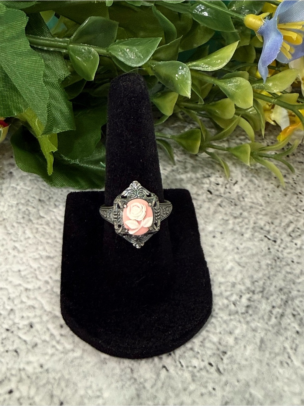 925 silver art Deco Vintage-Style cameo Pink Rose Filigree Ring